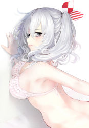 Rule 34 | 10s, 1girl, against wall, alternate costume, back, bad id, bad pixiv id, blush, bra, breast press, breasts, closed mouth, crying, crying with eyes open, eyelashes, flying teardrops, frilled bra, frills, from side, kantai collection, kashima (kancolle), large breasts, long hair, looking at viewer, no shirt, pink bra, sideboob, grey eyes, silver hair, solo, somalisu, striped, tears, twintails, underwear, underwear only, upper body