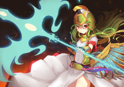 Rule 34 | 1girl, armor, athena (p&amp;d), breastplate, dress, fingerless gloves, gloves, green hair, helmet, highres, long hair, mechanical wings, polearm, puzzle &amp; dragons, red eyes, saito (pigrank), shield, solo, spear, weapon, wings