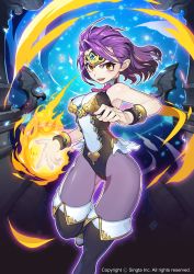 Rule 34 | 1girl, bare shoulders, boots, bracelet, breasts, fire, fire, jewelry, looking at viewer, makio00, official art, open mouth, original, purple eyes, sid story, smile, solo, thigh boots, thighhighs, tiara, yellow eyes