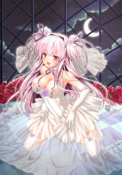 Rule 34 | 1girl, :d, alto seneka, bare shoulders, blush, brandish (h manga), breasts, checkered floor, cleavage, cloud, covered erect nipples, crescent moon, detached collar, dress, elbow gloves, female focus, flower, garter straps, gloves, gown, hair intakes, hair ribbon, kneeling, large breasts, long hair, looking at viewer, moon, neck ribbon, night, night sky, open m/, open mouth, pink eyes, pink hair, red flower, red rose, ribbon, rose, see-through, short twintails, sidelocks, signature, sky, smile, solo, thighhighs, twintails, twiska, two side up, veil, very long hair, wedding dress, white thighhighs, window