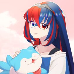 Rule 34 | 1girl, alear (female) (fire emblem), alear (female) (training outfit), alear (fire emblem), animal, blue eyes, blue hair, crossed bangs, dog, eyelashes, fire emblem, fire emblem engage, hair between eyes, hand on animal, heterochromia, holding, holding animal, holding dog, long hair, looking at viewer, multicolored hair, nintendo, official alternate costume, red eyes, red hair, shirt, smile, solaria aa, sommie (fire emblem), tiara, tongue, tongue out, two-tone hair, upper body