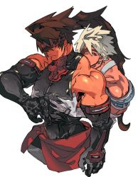 Rule 34 | 2344, 2boys, bare shoulders, black gloves, blonde hair, blue eyes, closed mouth, collarbone, covered navel, elbow gloves, eyepatch, fingernails, frown, gloves, guilty gear, headband, long hair, looking at another, looking back, male focus, multiple boys, muscular, off shoulder, ponytail, red eyes, shiny skin, simple background, sin kiske, smile, sol badguy, veins, white background, white gloves, yaoi
