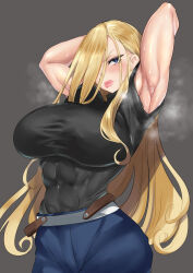 Rule 34 | 1girl, abs, armpits, arms behind head, blonde hair, blue eyes, breasts, female focus, fullmetal alchemist, hair over one eye, highres, huge breasts, koucha indian, long hair, looking at viewer, muscular, muscular female, olivier mira armstrong, solo, steam, sweat, thick lips