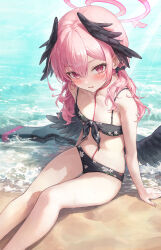 Rule 34 | 1girl, bikini, black bikini, black wings, blue archive, blush, commentary, feathered wings, floral print bikini, front-tie bikini top, front-tie top, halo, head wings, highres, koharu (blue archive), koharu (swimsuit) (blue archive), looking at viewer, low wings, navel, ocean, official alternate costume, open mouth, pink hair, pink halo, r o ha, solo, stomach, swimsuit, symbol-only commentary, twintails, winged halo, wings