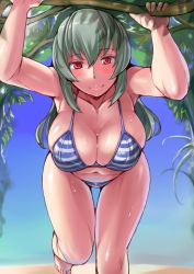 Rule 34 | 1girl, barefoot, beach, bikini, blue bikini, blush, breasts, cleavage, collarbone, day, hyougintou, large breasts, leaning forward, long hair, looking at viewer, navel, red eyes, rozen maiden, silver hair, smile, solo, striped bikini, striped clothes, suigintou, swimsuit, tsuda nanafushi, wet