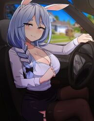 Rule 34 | 1girl, absurdres, animal ear fluff, animal ears, blue hair, blush, braid, braided ponytail, breasts, car, car interior, cleavage, commentary, highres, hololive, large breasts, long hair, looking at viewer, mature female, motor vehicle, multicolored hair, partially unbuttoned, pekomama, peps art, rabbit ears, rabbit girl, short eyebrows, smile, solo, steering wheel, streaked hair, thick eyebrows, virtual youtuber, white hair