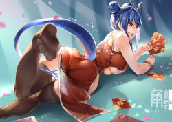 Rule 34 | 1girl, absurdres, arknights, ass, blue hair, breasts, ch&#039;en (arknights), chinese clothes, fangs, feet, female focus, hair bun, highres, large breasts, long hair, lying, on stomach, open mouth, red eyes, see-through, see-through legwear, single hair bun, soles, solo, tail, underboob