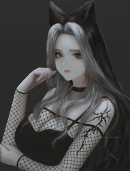 Rule 34 | 1girl, aoi ogata, artist name, bare shoulders, black choker, black hair, black shirt, breasts, choker, cleavage, clip studio paint (medium), closed mouth, commentary, english commentary, fishnets, forehead, grey background, grey eyes, grey hair, hand up, highres, large breasts, long hair, long sleeves, looking at viewer, multicolored hair, off-shoulder shirt, off shoulder, original, parted bangs, shirt, simple background, smile, solo, two-tone hair, upper body, very long hair