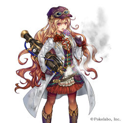 Rule 34 | 1girl, belt, blonde hair, boots, candy, coat, company name, corset, cross, dress, earrings, eyebrows, flower, food, frilled dress, frills, gloves, goggles, goggles on headwear, gradient hair, hair between eyes, hat, holding, jewelry, lollipop, long hair, madogawa, multicolored hair, official art, open mouth, pantyhose, purple gloves, red eyes, red hair, red pantyhose, ribbon, sengoku gensoukyoku, simple background, smoke, solo, steampunk, tongue, tongue out, very long hair, white background