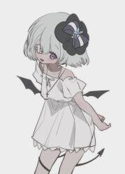 Rule 34 | 1girl, :d, bandaid, bandaid on neck, black ribbon, blue hair, blush, child, clione myosotis, cross, cross necklace, demon tail, demon wings, dress, eyepatch, feet out of frame, frills, grey background, happy saint sheol, highres, huyucai, jewelry, looking at viewer, medical eyepatch, necklace, off-shoulder dress, off shoulder, official art, open mouth, purple eyes, ribbon, ribbon hair ornament, short hair, short sleeves, smile, solo, tail, white dress, wings