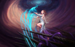 Rule 34 | 1girl, aether adept, backless dress, backless outfit, bare shoulders, barefoot, blue eyes, breasts, brown hair, cloud, cloudy sky, collar, dress, eric deschamps, from below, gown, gradient clothes, gradient dress, leg up, looking up, magic, magic: the gathering, official art, outdoors, outstretched arms, sideboob, sky, small breasts, spikes, vortex