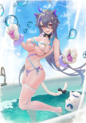 Rule 34 | 1girl, animal ears, animal hands, arched back, azur lane, beach, bikini, breasts, cirilla lin, cleavage, foch (azur lane), grey hair, highres, in water, large breasts, looking at viewer, navel, skindentation, solo, swimsuit, tail, thighhighs, thighs, wading, water, white thighhighs