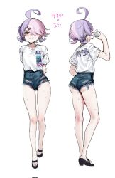 Rule 34 | 1girl, ahoge, arm grab, arms behind back, ass, bare legs, benghuai xueyuan, black footwear, blue shorts, brown eyes, commentary request, cup, denim, denim shorts, grin, hair over one eye, hand up, highres, holding, holding cup, honkai (series), legs, looking at viewer, multicolored hair, multiple views, pink hair, purple hair, sandals, sharp teeth, shirt, short shorts, short sleeves, shorts, simple background, sin mal, sin mal0909, smile, teeth, translation request, two-tone hair, white background, white shirt