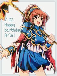 Rule 34 | 1girl, 55 (afutanun 0120), arle nadja, armor, ben-day dots, blue skirt, breastplate, brown eyes, brown hair, cape, dated, gold trim, hair ornament, half updo, happy birthday, highres, holding, holding staff, holding weapon, looking at viewer, madou monogatari, medium hair, open mouth, over shoulder, pleated skirt, ponytail, puyopuyo, red cape, screentones, shirt, shoulder armor, simple background, skirt, smile, solo, staff, vambraces, weapon, weapon over shoulder, white background, white cape, white shirt