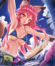 Rule 34 | 1girl, :d, animal ear fluff, animal ears, armpits, beach umbrella, bikini, bikini top only, blue bikini, blue sky, breasts, day, fang, fate/grand order, fate (series), food, fox ears, fox tail, from below, ice cream, long hair, looking at viewer, medium breasts, mhk (mechamania), navel, open mouth, outdoors, outstretched arms, pink hair, shiny skin, sky, smile, solo, sweat, swimsuit, tail, tamamo (fate), tamamo no mae (fate/extra), tamamo no mae (swimsuit lancer) (fate), umbrella, yellow eyes