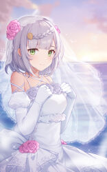 Rule 34 | 1girl, absurdres, bow, braid, breasts, bridal veil, bride, commentary, dress, elbow gloves, flower, genshin impact, gloves, green eyes, grey hair, hair flower, hair ornament, highres, jewelry, looking at viewer, medium breasts, noelle (genshin impact), pink flower, ring, rose, short hair, smile, solo, strapless, strapless dress, veil, wedding, wedding dress, wedding ring, white bow, white dress, white flower, white gloves, white rose, zx961219