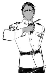 Rule 34 | 1boy, chengongzi123, closed mouth, dark-skinned male, dark skin, golden kamuy, greyscale, gun, hand up, highres, holding, holding gun, holding weapon, koito otonoshin, long sleeves, looking at viewer, male focus, military uniform, monochrome, pants, short hair, simple background, standing, uniform, upper body, very short hair, weapon, white background