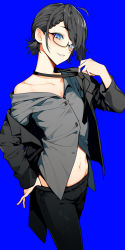 Rule 34 | 1boy, absurdres, androgynous, black-framed eyewear, black hair, black jacket, black necktie, black pants, blue background, blush, buttons, glasses, grey shirt, highres, jacket, kushizaki (vtuber), long sleeves, looking at viewer, male focus, mole, mole above eye, navel, necktie, off shoulder, open clothes, open jacket, pants, parted lips, shirt, simple background, solo, st (youx1119), trap, virtual youtuber