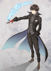 Rule 34 | 10s, 1boy, amamiya ren, black cape, black hair, brown eyes, brown footwear, cape, full body, gloves, grey background, grey shirt, hair between eyes, hand in pocket, highres, hitomi aki, looking at viewer, male focus, persona, persona 5, red gloves, shirt, solo, spiked hair, standing