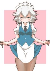 Rule 34 | 1girl, apron, black necktie, black ribbon, blue eyes, blue skirt, blue vest, blush stickers, brown thighhighs, closed mouth, clothes lift, collared shirt, cowboy shot, grey hair, hair ribbon, izayoi sakuya, looking at viewer, miniskirt, necktie, panties, pink background, puffy short sleeves, puffy sleeves, ribbon, shirt, short hair, short sleeves, side-tie panties, side-tie peek, skirt, skirt lift, skirt set, smile, solo, standing, thighhighs, touhou, underwear, untying, vest, waist apron, white apron, white shirt, wing collar, zannen na hito