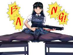 Rule 34 | 1girl, black hair, black neckwear, black pantyhose, brown eyes, buttons, commentary request, crotch seam, double-breasted, grey jacket, grey skirt, gun, gusset, holding, holding gun, holding weapon, jacket, kamisimo 90, long hair, long sleeves, looking at viewer, original, pantyhose, pleated skirt, presenting, school uniform, shirt, shotgun, skirt, smile, solo, speech bubble, split, spread legs, thighs, uniform, vest, weapon, white background, white shirt