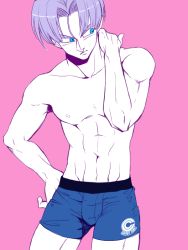 Rule 34 | 1boy, bare arms, bare pectorals, blue eyes, boxers, capsule corp, dragon ball, dragonball z, hand on own hip, hand on own neck, looking away, male focus, male underwear, ochanoko (get9-sac), pectorals, pink background, purple hair, serious, short hair, simple background, solo, trunks (dragon ball), trunks (future) (dragon ball), underwear