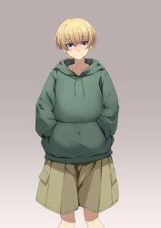 Rule 34 | 1girl, baggy clothes, blonde hair, blue eyes, cargo shorts, drawstring, earrings, female focus, gradient background, green hoodie, grey background, hands in pockets, highres, hood, hood down, hoodie, jewelry, looking at viewer, original, oversized clothes, short hair, shorts, single earring, smile, solo, standing, tomboy, urabuko