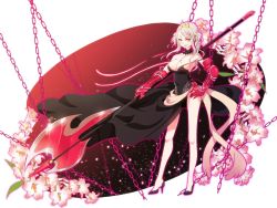 Rule 34 | 1girl, bare shoulders, black dress, breasts, chain, choker, cleavage, dress, flower, gloves, grey hair, halberd, hand on own hip, hiiro (kikokico), hip focus, kiko, large breasts, legs, lily (flower), long hair, original, polearm, red flower, red rose, rose, side slit, solo, twintails, weapon, yellow eyes
