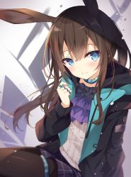 Rule 34 | 1girl, amiya (arknights), animal ears, arknights, ascot, black jacket, black skirt, blue eyes, brown hair, brown pantyhose, center frills, closed mouth, commentary request, frills, hair between eyes, hand up, hood, hood down, hooded jacket, hoshi (snacherubi), jacket, jewelry, long hair, long sleeves, looking at viewer, open clothes, open jacket, pantyhose, pleated skirt, ponytail, purple ascot, rabbit ears, ring, shirt, sitting, skirt, smile, solo, very long hair, white shirt