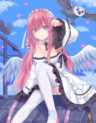 Rule 34 | 1girl, animal, azur lane, bird, blue hairband, blue sky, boots, breasts, cleavage, closed mouth, cloud, day, detached sleeves, dress, feathered wings, female focus, frilled dress, frilled hairband, frills, hair between eyes, hairband, long hair, long sleeves, looking at viewer, low wings, matching hair/eyes, medium breasts, outdoors, owl, panties, perseus (azur lane), petals, pink eyes, pink hair, rooftop, sitting, sky, sleeves past wrists, solo, strapless, strapless dress, thigh boots, thighhighs, tukino neru, underwear, very long hair, white dress, white footwear, white panties, white sleeves, white thighhighs, white wings, wide sleeves, wings
