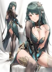 Rule 34 | 1girl, black hair, black thighhighs, breasts, clawed gauntlets, cleavage, dress, flower, green dress, hair flower, hair ornament, hanying (punishing: gray raven), high heels, highres, jewelry, large breasts, long hair, looking at viewer, mole, mole under eye, multiple views, necklace, orange eyes, parted lips, punishing: gray raven, shoes, silence girl, smile, solo, thighhighs