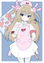 Rule 34 | &gt; &lt;, 1girl, absurdres, apron, arm behind back, armband, bandaged wrist, bandages, blush, collared dress, commentary request, cowboy shot, dress, hair ornament, hat, heart, heart print, hiding, highres, holding, holding sign, kinka, light brown hair, long hair, looking at viewer, musical note, natori sana, nurse cap, pink apron, pink hat, pocket, puffy short sleeves, puffy sleeves, rabbit hair ornament, red armband, red eyes, sana channel, short sleeves, sign, solo, sweatdrop, thighhighs, translation request, two side up, virtual youtuber, white dress, white thighhighs