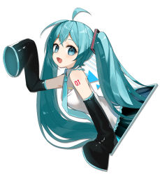 Rule 34 | 1girl, ahoge, aqua hair, arm up, black skirt, black sleeves, blue eyes, blue necktie, breasts, collared shirt, commentary request, detached sleeves, eyebrows hidden by hair, frilled shirt, frilled shirt collar, frills, hatsune miku, highres, long hair, long sleeves, necktie, pleated skirt, reirou (chokoonnpu), shirt, simple background, skirt, sleeveless, sleeveless shirt, sleeves past fingers, sleeves past wrists, small breasts, solo, through medium, through screen, twintails, very long hair, vocaloid, white background, white shirt