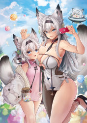 Rule 34 | 2girls, age comparison, animal ears, bare shoulders, blue eyes, blue sky, blush, breasts, cellphone, cleavage, collarbone, commentary request, dual persona, fox ears, fox tail, hairband, indie virtual youtuber, large breasts, long hair, looking at viewer, multiple girls, oni-noboru, open mouth, phone, revision, saionji chouchou, sidelocks, sky, small breasts, smile, tail, thighs, virtual youtuber, white hair, yukkuri shiteitte ne