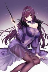 Rule 34 | 1girl, absurdres, bare shoulders, breasts, cleavage, closed mouth, detached collar, dress, fate/grand order, fate (series), feather trim, gradient background, hair between eyes, highres, holding, holding wand, jewelry, katase bono, large breasts, long hair, long sleeves, looking at viewer, pantyhose, pendant, purple background, purple dress, purple hair, purple pantyhose, red eyes, scathach (fate), scathach skadi (fate), smile, solo, thighs, tiara, wand