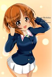 Rule 34 | 1girl, :d, absurdres, birthday, blue jacket, brown eyes, brown hair, character name, commentary, cowboy shot, english text, girls und panzer, green shirt, hands on headphones, happy birthday, headphones, highres, jacket, kokophama, long sleeves, looking at viewer, military, military uniform, miniskirt, nishizumi miho, ooarai military uniform, open mouth, orange background, pleated skirt, shadow, shirt, short hair, skirt, smile, solo, standing, twitter username, uniform, white skirt