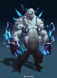 Rule 34 | 1boy, 6suan, abs, absurdres, animal ears, bara, bare pectorals, bear boy, bear ears, belly, blue sclera, bulge, colored sclera, full body, furry, furry male, highres, league of legends, lightning bolt symbol, long hair, male focus, muscular, muscular male, navel, nipples, pectorals, plump, solo, spikes, standing, stomach, thighs, volibear, white fur, white hair