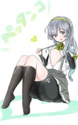 Rule 34 | 10s, 1girl, anchor, anchor symbol, arm warmers, bad id, bad twitter id, bike shorts, bike shorts under skirt, black legwear, flat chest, grey eyes, hair ribbon, hairband, heart, heart background, highres, imperial japanese navy, inactive account, kantai collection, long hair, looking at viewer, mitsudoue, open clothes, open mouth, pleated skirt, ribbon, school uniform, shorts, shorts under skirt, silver hair, simple background, sitting, skirt, solo, suspenders, wavy hair, yamagumo (kancolle)