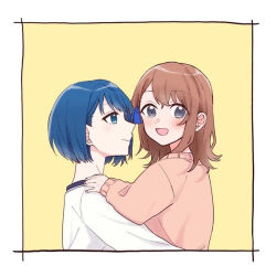 Rule 34 | 2girls, blue eyes, blue hair, blush, border, brown hair, closed mouth, commentary request, couple, grey eyes, hanasato minori, hand on another&#039;s shoulder, hug, kiritani haruka, long hair, long sleeves, looking at another, looking at viewer, multiple girls, open mouth, pink sweater, project sekai, short hair, simple background, single sidelock, sweater, upper body, white border, white sweater, yarou (0tyaro), yellow background, yuri