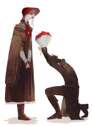Rule 34 | 1boy, 1girl, arms up, bloodborne, bonnet, boots, bouquet, brown cape, brown coat, brown footwear, brown gloves, brown headwear, brown pants, cape, cloak, coat, commentary request, cross-laced footwear, flower, from side, full body, gloves, grey hair, hat, holding, hood, hunter (bloodborne), long hair, long sleeves, looking at another, looking down, on one knee, pants, plain doll, red headwear, short hair, simple background, sleeves past wrists, standing, syokuuuuuuuuumura, tricorne, v arms, very long hair, white background