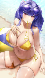 Rule 34 | 1girl, ass, azur lane, ball, beach, beachball, bikini, blue hair, blush, breasts, cameltoe, cleavage, collarbone, curvy, eyewear on head, fouriasensei, hand on own chest, highres, large breasts, long hair, looking at viewer, mouth hold, navel, official alternate costume, outdoors, parted lips, pola (azur lane), pola (seaside coincidence) (azur lane), red eyes, sideboob, sitting, skindentation, solo, starfish, sunglasses, swimsuit, thick thighs, thighhighs, thighs, twintails, underboob, water, wet, white thighhighs, yellow bikini