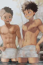 Rule 34 | 2boys, :d, abs, batsusuke, blush, brown eyes, brown hair, collarbone, dripping, eye contact, grin, hand on own hip, highres, looking at another, male focus, multiple boys, naked towel, navel, nipples, onsen, open mouth, original, outdoors, pectorals, penis, rock, see-through, short hair, smile, spiked hair, standing, steam, toned, toned male, towel, towel around waist, tree, wading, water, wet, wet towel
