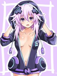 Rule 34 | 1girl, :d, adult neptune, arms behind head, black jacket, blush, breasts, covered erect nipples, cowboy shot, d-pad, d-pad hair ornament, exhibitionism, hair between eyes, hair ornament, hands up, happy, highres, hood, hood up, hooded jacket, iwashi dorobou -r-, jacket, long hair, long sleeves, looking at viewer, medium breasts, messy hair, midriff, naked jacket, navel, neptune (series), no bra, open clothes, open jacket, open mouth, partially unzipped, public indecency, purple eyes, purple hair, smile, solo, usb