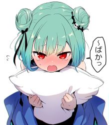 Rule 34 | 1girl, absurdres, blush, double bun, dress, embarrassed, green hair, hair bun, hair ornament, highres, hololive, hugging object, looking at viewer, open mouth, pillow, pillow hug, red eyes, simple background, skull hair ornament, solo, tears, translation request, tsumumi (kandume103), uruha rushia, uruha rushia (1st costume), virtual youtuber, white background