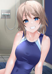 Rule 34 | 1girl, absurdres, bathroom, blue eyes, blue one-piece swimsuit, blurry, blush, breasts, breath, collarbone, competition school swimsuit, competition swimsuit, covered navel, depth of field, grey hair, head tilt, highres, indoors, large breasts, locker, locker room, looking at viewer, love live!, love live! sunshine!!, one-piece swimsuit, restroom, school swimsuit, short hair, shower (place), sitting, slope (check238), smile, solo, swimsuit, upper body, watanabe you