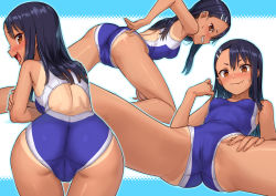 Rule 34 | 1girl, all fours, ass, back, bare arms, bare legs, bare shoulders, black hair, blue one-piece swimsuit, blush, breasts, brown eyes, cameltoe, competition swimsuit, earclip, fang, female focus, grin, hair ornament, hairclip, highleg, highleg swimsuit, highres, ijiranaide nagatoro-san, kawakami rokkaku, long hair, looking at viewer, lying, multiple views, nagatoro hayase, on back, one-piece swimsuit, one-piece tan, simple background, skin fang, small breasts, smile, spread legs, swimsuit, tan, tanline