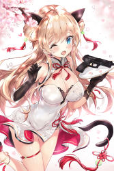 Rule 34 | 1girl, ;d, animal ears, black gloves, blonde hair, blue eyes, blush, breasts, cat ears, cat girl, cat tail, cherry blossoms, covered navel, double bun, dress, elbow gloves, girls&#039; frontline, gloves, gun, h&amp;k mark 23, hair between eyes, hair bun, heckler &amp; koch, highres, hip focus, large breasts, leg up, long hair, looking at viewer, match grade, match grade firearm, match grade pistol, mk23 (girls&#039; frontline), narae, offensive handgun, one eye closed, open mouth, smile, tail, water drop, weapon, white dress