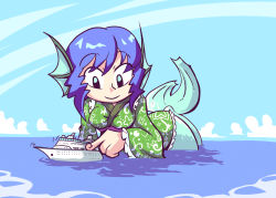 Rule 34 | 1girl, blue hair, blue sky, cloud, day, fins, fish tail, giant, giantess, head fins, japanese clothes, kimono, mermaid, monster girl, ocean, setz, ship, sky, solo, tail, touhou, wakasagihime, watercraft, wide sleeves