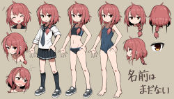 Rule 34 | 1girl, :d, absurdres, arm at side, barefoot, black buruma, black legwear, black skirt, blouse, blue one-piece swimsuit, blush, braid, breasts, brown eyes, buruma, character sheet, child, closed mouth, competition school swimsuit, concept art, covered navel, dot nose, embarrassed, expressions, grey footwear, grey neckwear, hair over shoulder, hand on own hip, highres, looking at viewer, miniskirt, multiple views, navel, necktie, nude, one-piece swimsuit, open mouth, original, pleated skirt, profile, red hair, sanpaku, school swimsuit, school uniform, shirt, shoes, simple background, skirt, small breasts, smile, socks, sports bra, stomach, swimsuit, wagashi (dagashiya), white background, white shirt