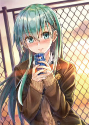 Rule 34 | 10s, 1girl, animal ears, aqua hair, backlighting, blazer, blush, brown jacket, buttons, can, chain-link fence, closed mouth, commentary request, drink can, dutch angle, evening, fence, fingernails, hair between eyes, hair ornament, hairclip, holding, jacket, jewelry, kantai collection, koyuki (kotatsu358), lips, long hair, long sleeves, looking at viewer, open clothes, open jacket, outdoors, pink lips, remodel (kantai collection), ring, sleeves past wrists, soda can, solo, straight hair, sunset, suzuya (kancolle), tareme, unbuttoned, upper body, wedding band, z3 max schultz (kancolle)